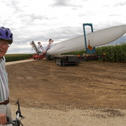 Wind turbine construction Thursday, August 26. Jim Finholt, the William H. Laird Professor Emeritus of Chemistry and the Liberal Arts, stands in the foreground.